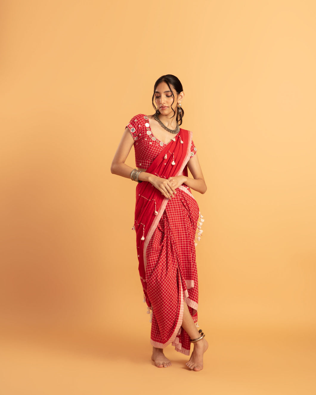 Red draped saree set - (with short sleeves blouse)