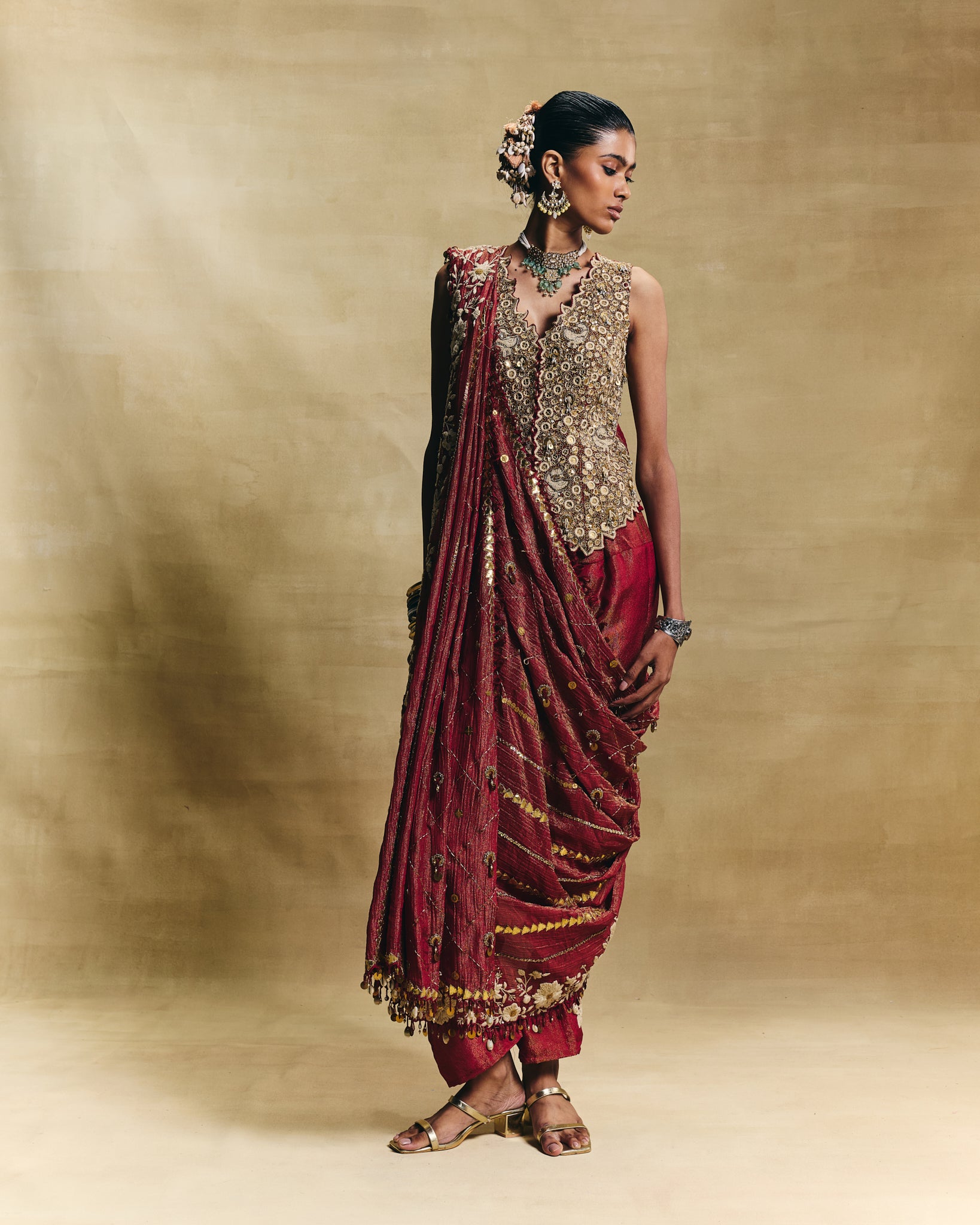 Red waistcoat saree set