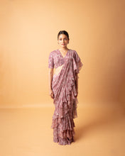 Load image into Gallery viewer, Rose pink (pre stitched) Printed Frill Sari + Embroidered Blouse
