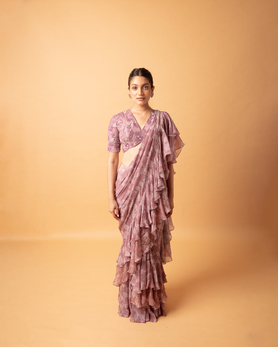 Rose pink (pre stitched) Printed Frill Sari + Embroidered Blouse