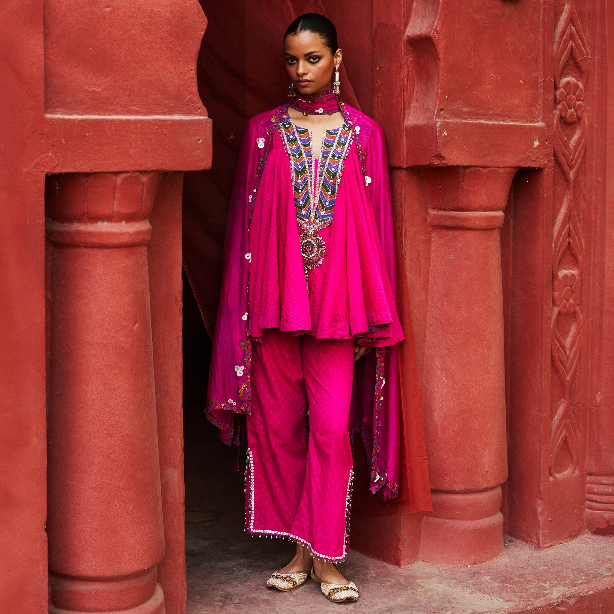 Pink Peplum Top & Slit Pants