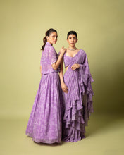 Load image into Gallery viewer, Purple (pre stitched) Printed Frill Sari + Embroidered Blouse
