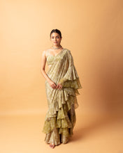 Load image into Gallery viewer, Green (pre stitched) Printed Frill Sari + Printed Blouse
