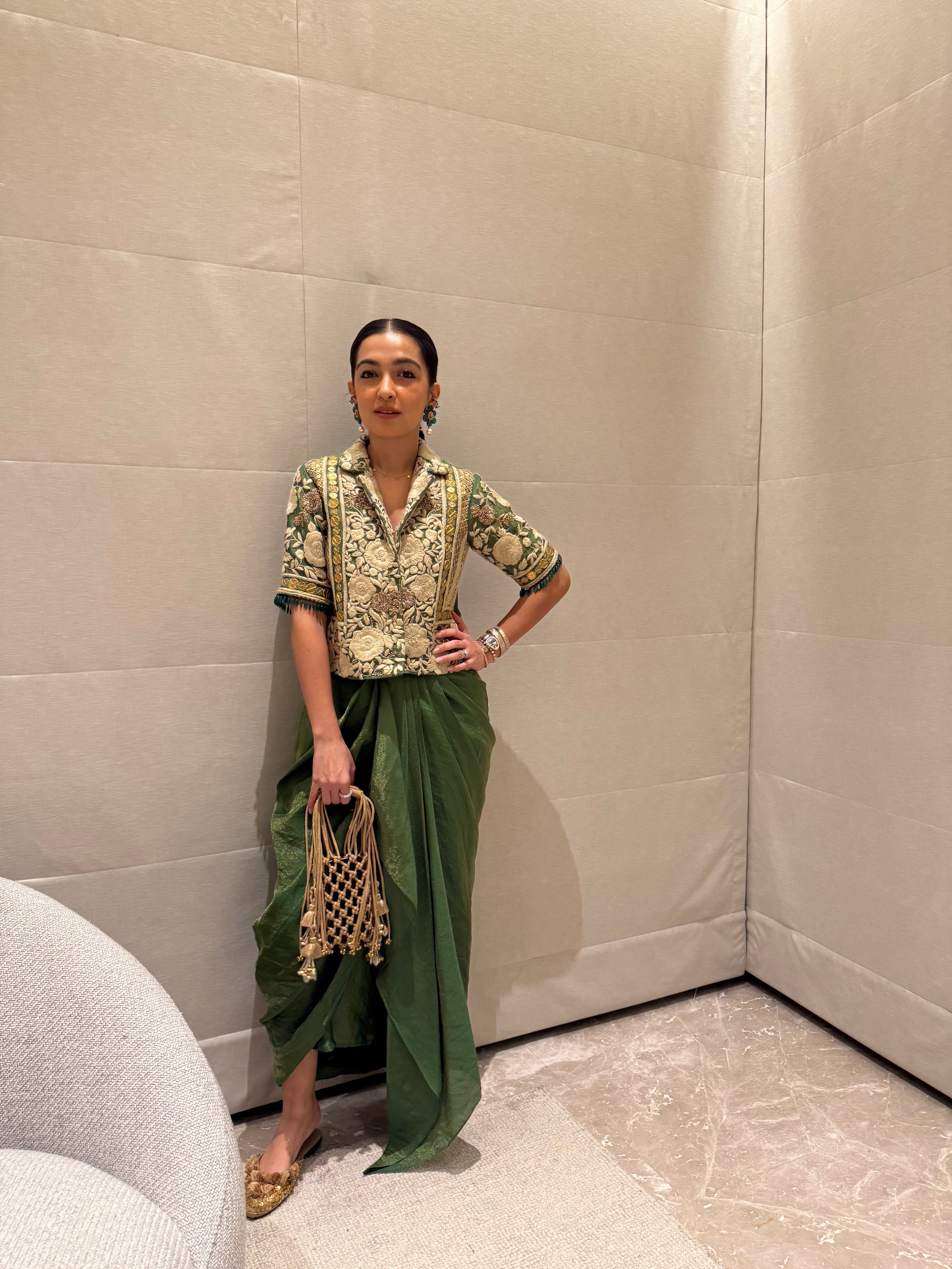 Green blazer with draped skirt