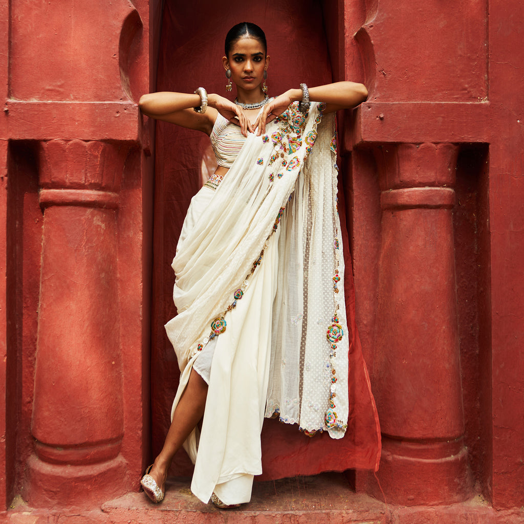 Ivory Pre Draped Saree Set