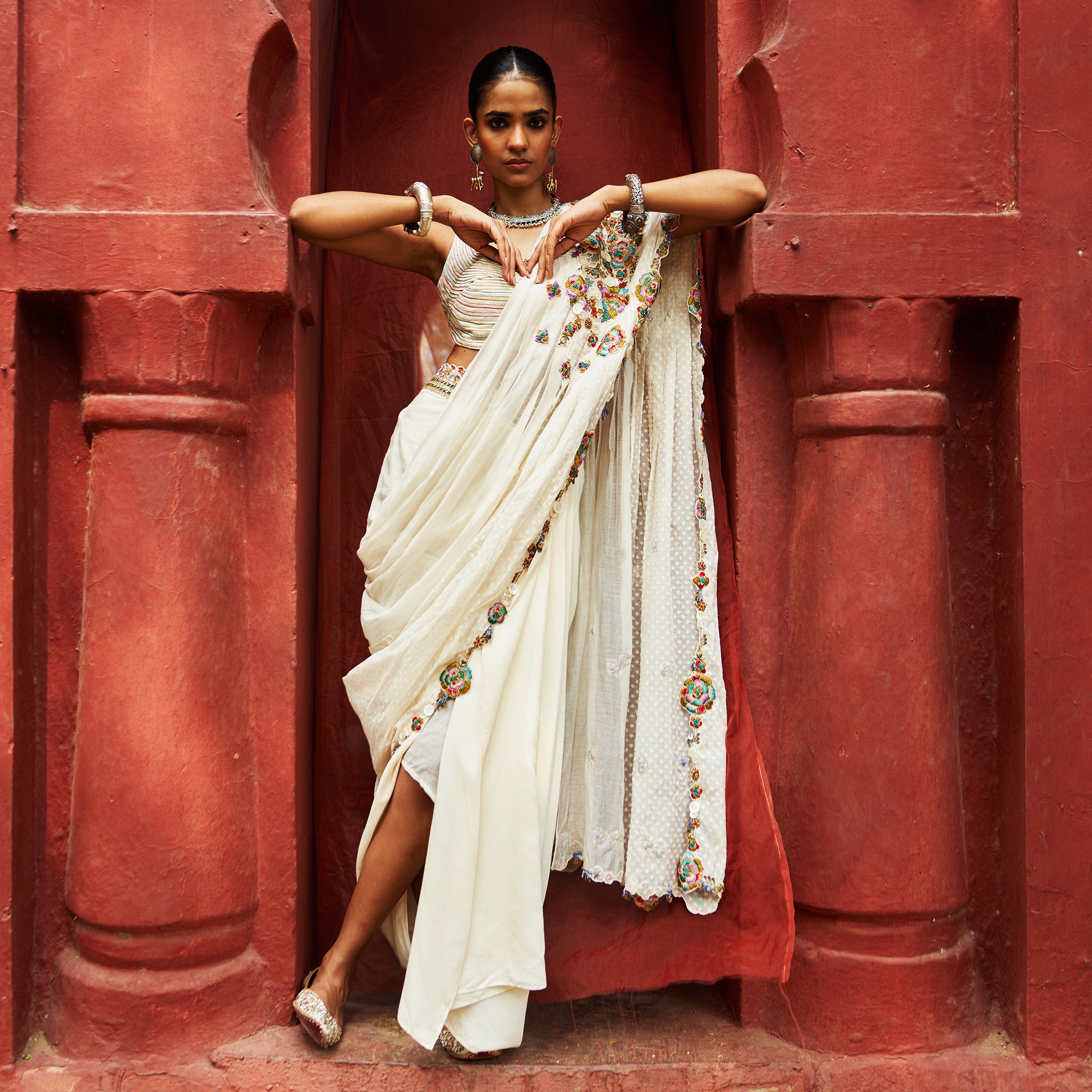 Ivory Pre Draped Saree Set