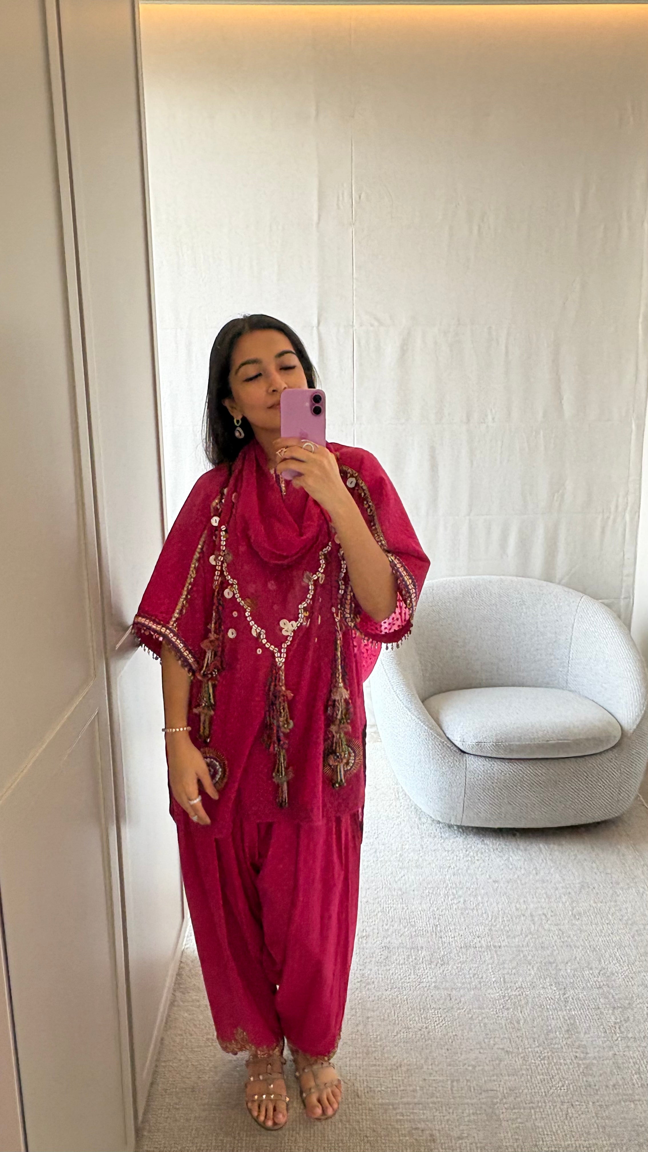 Pink Kaftan Kurta, Salwar & Scarf