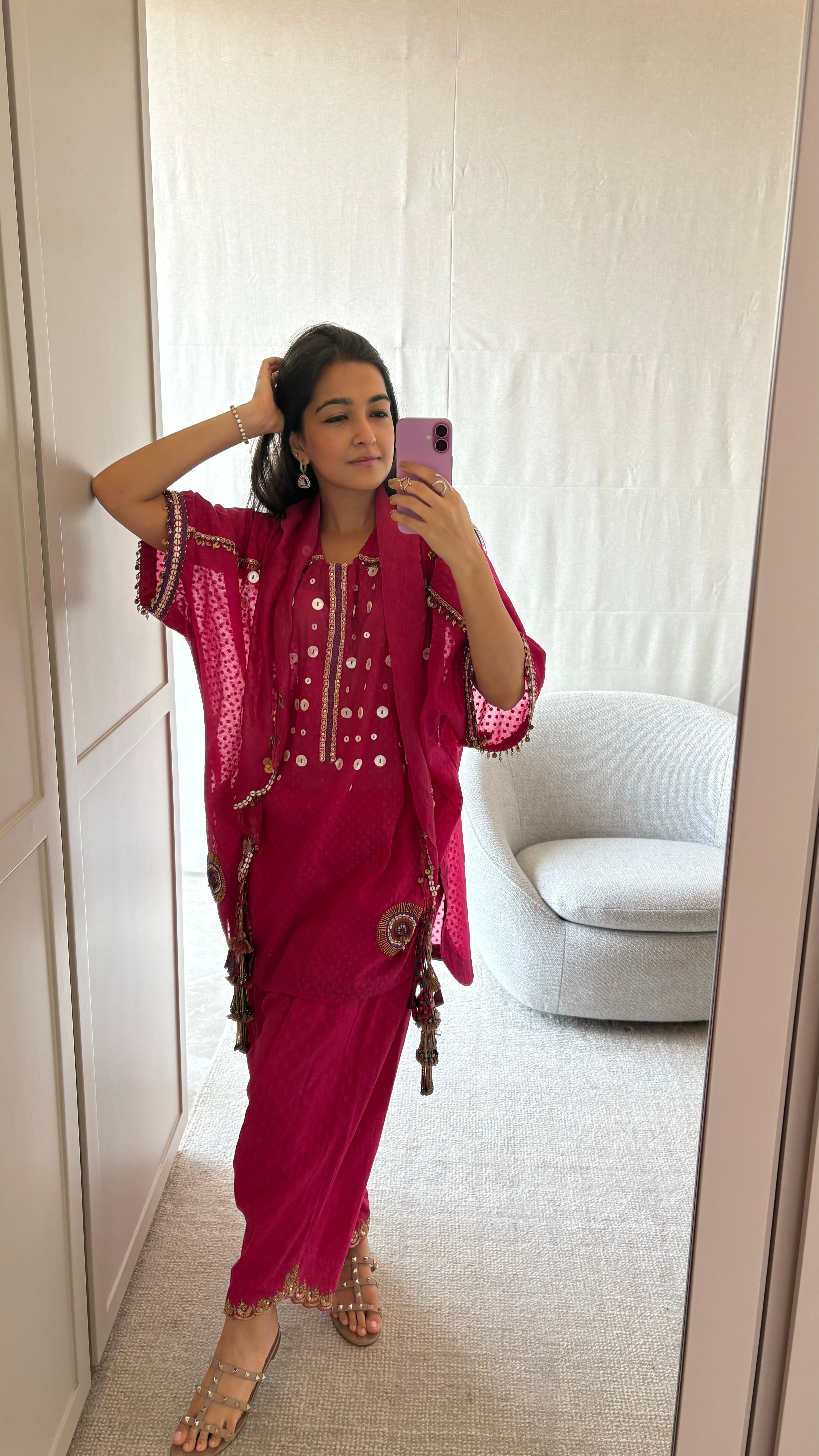 Pink Kaftan Kurta, Salwar & Scarf