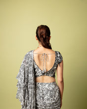 Load image into Gallery viewer, Black n white (pre stitched) &amp; Printed Frill Sari + Embroidered Blouse

