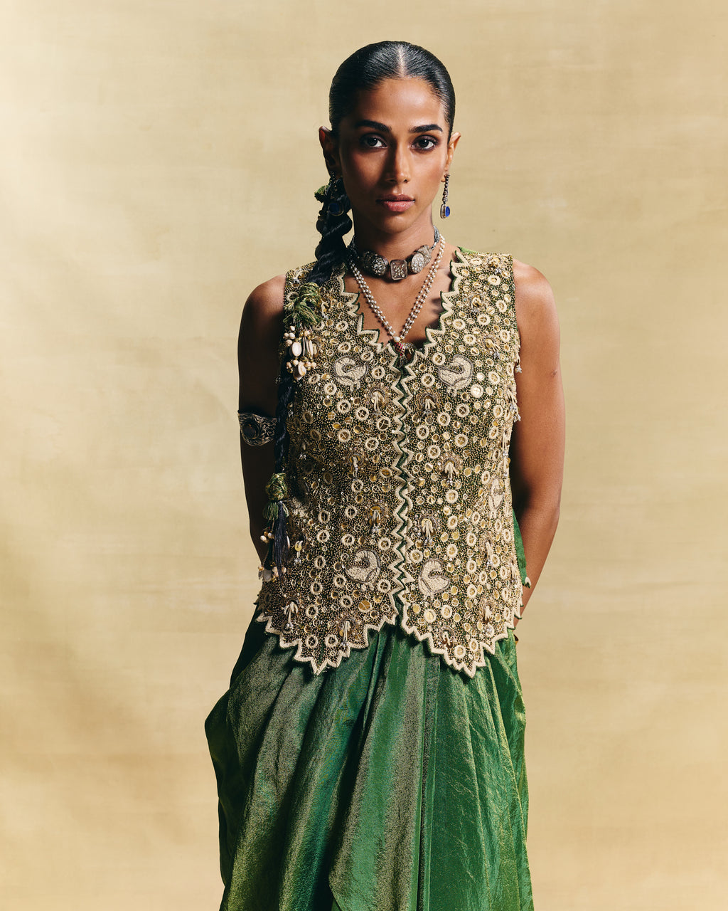 Green waistcoat & draped skirt 