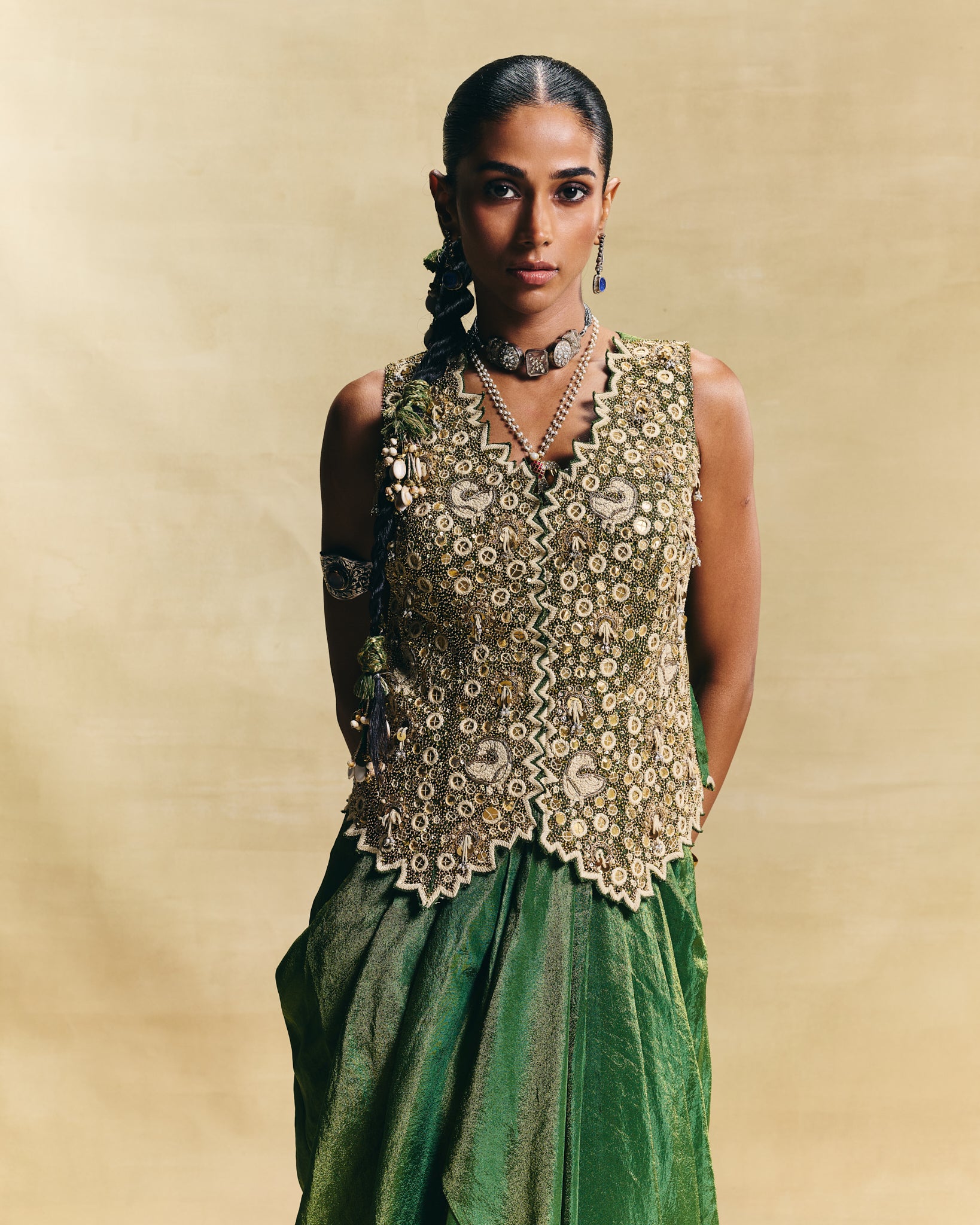 Green waistcoat & draped skirt 