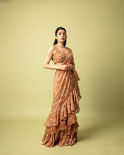 Load image into Gallery viewer, Brown (pre stitched) Printed Frill Sari + Embroidered Blouse

