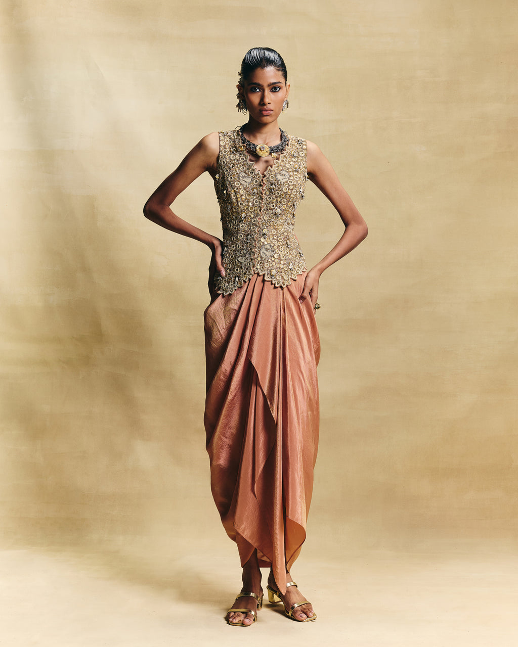 Peach waistcoat & draped skirt