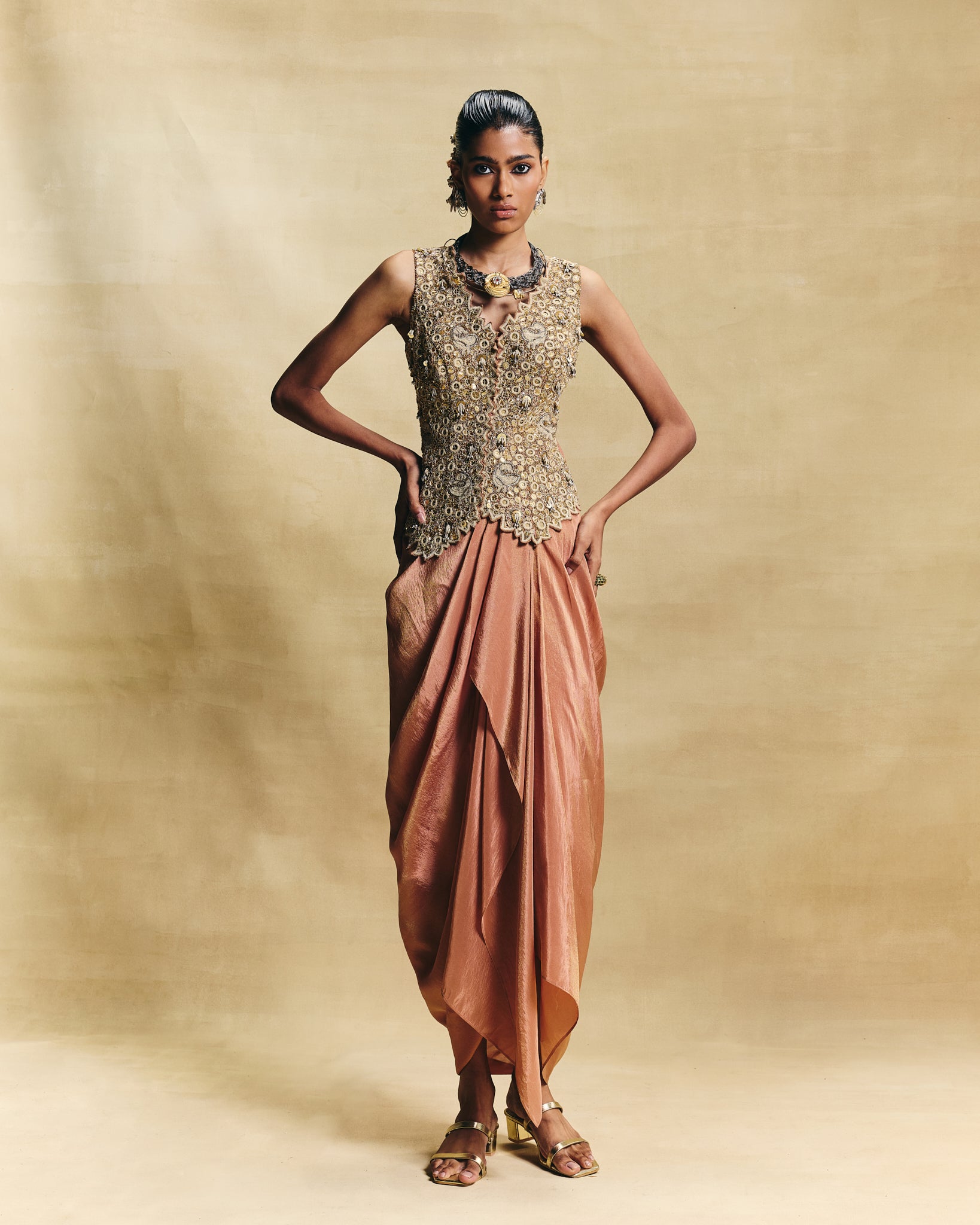 Peach waistcoat & draped skirt