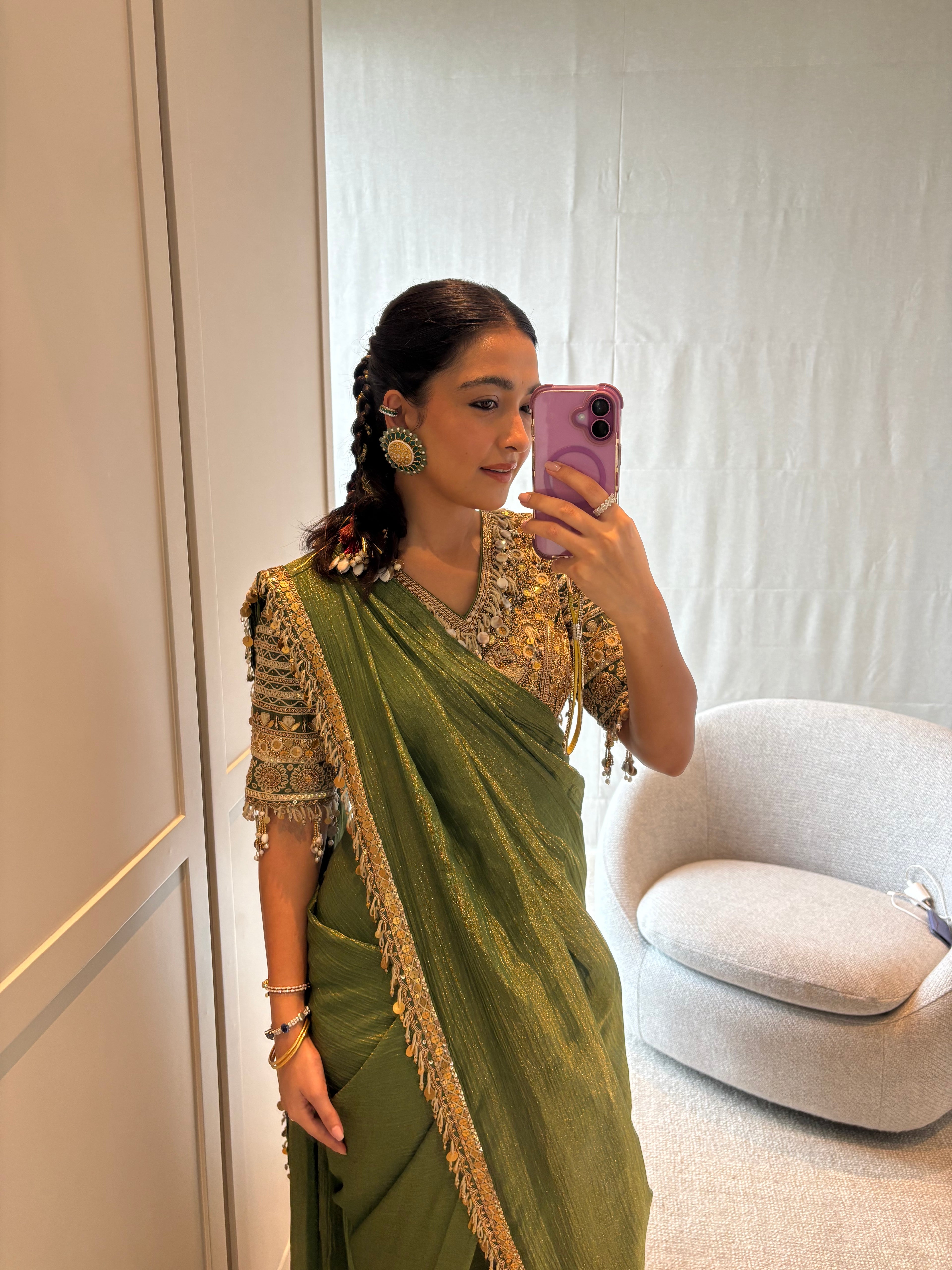 Gold corset style blouse-saree set