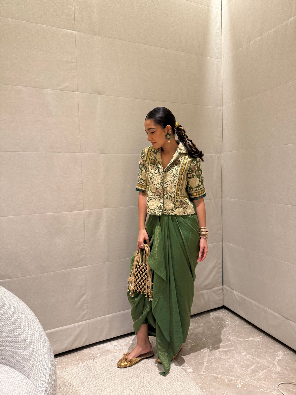 Green blazer with draped skirt