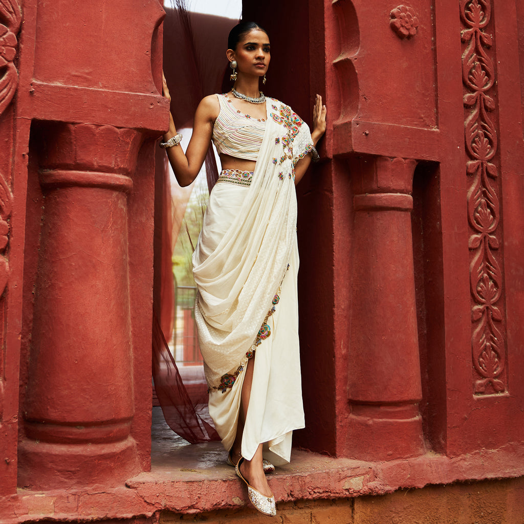 Ivory Pre Draped Saree Set