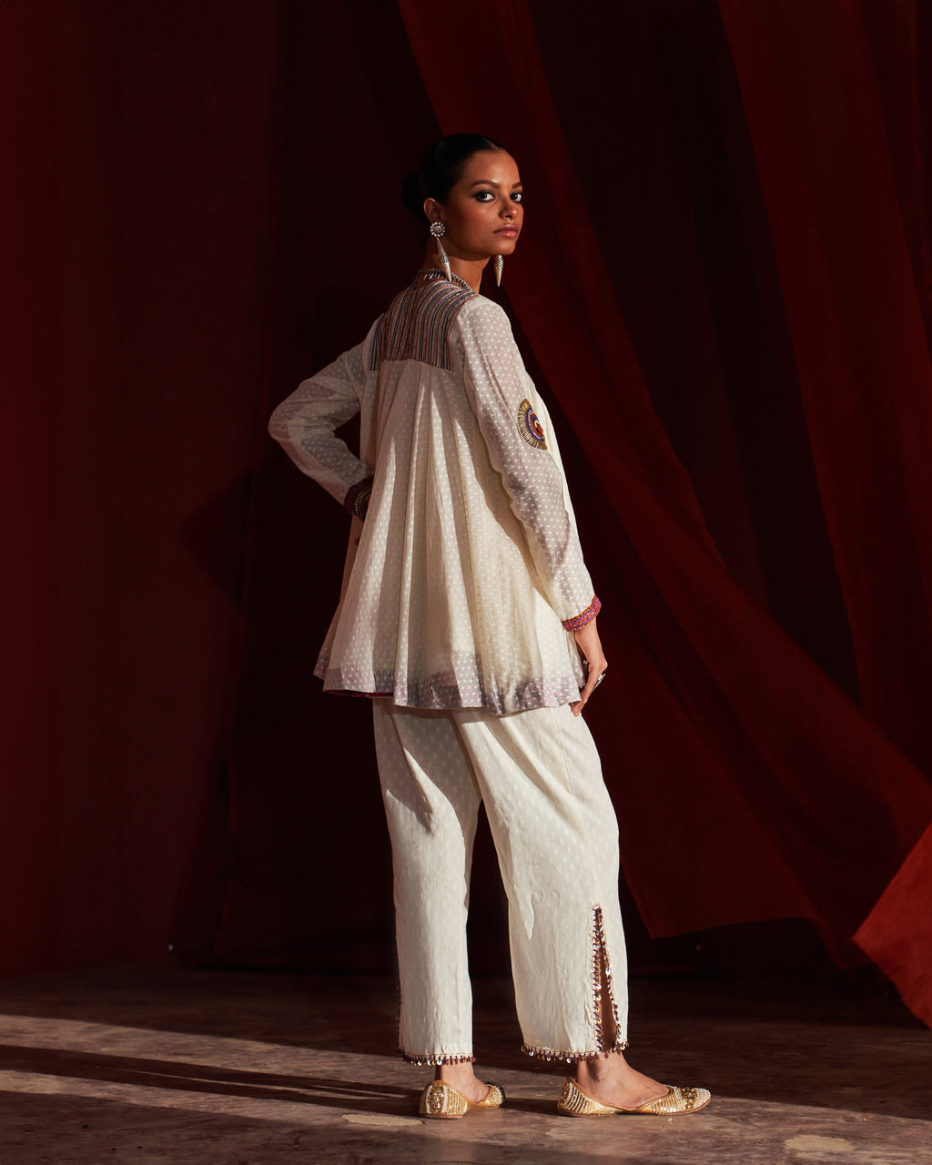 Ivory Peplum Top (colourful work)  & Slit Pants