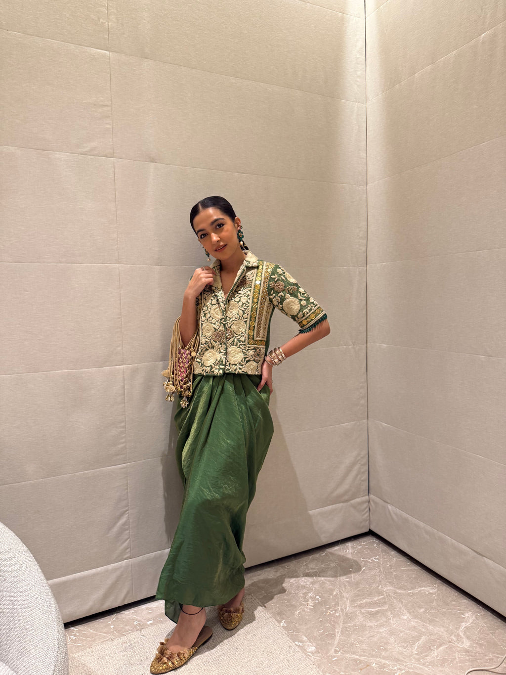 Green blazer with draped skirt