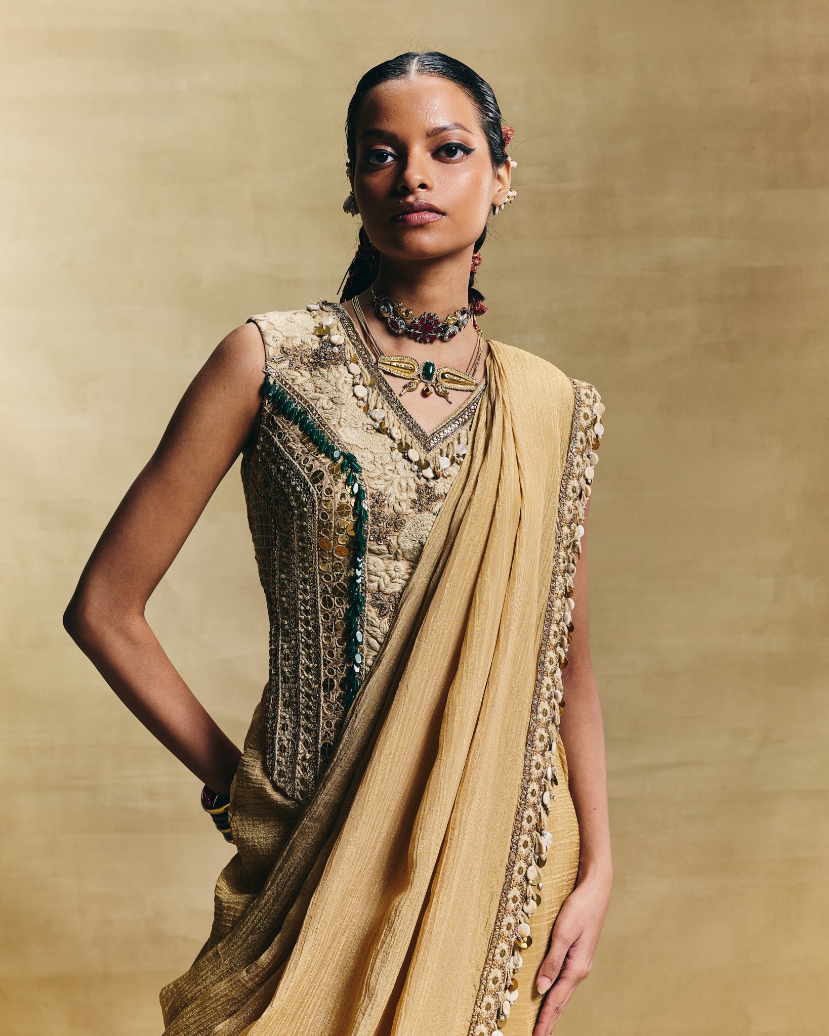 Gold stitched saree set
