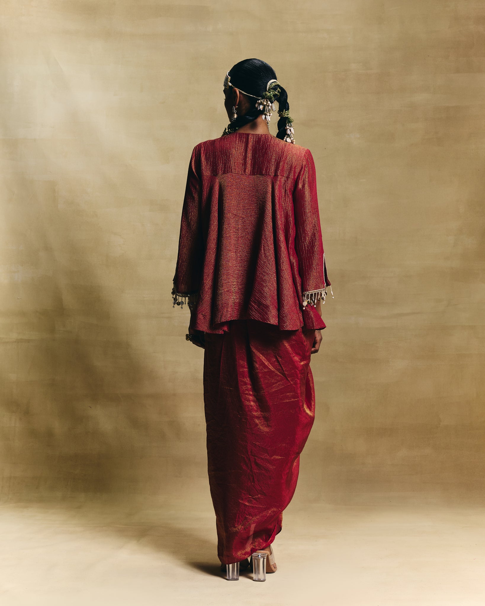 Red peplum & draped skirt