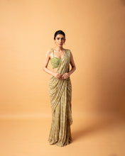 Load image into Gallery viewer, Green Printed Stitched Sari + Blouse + Gilet
