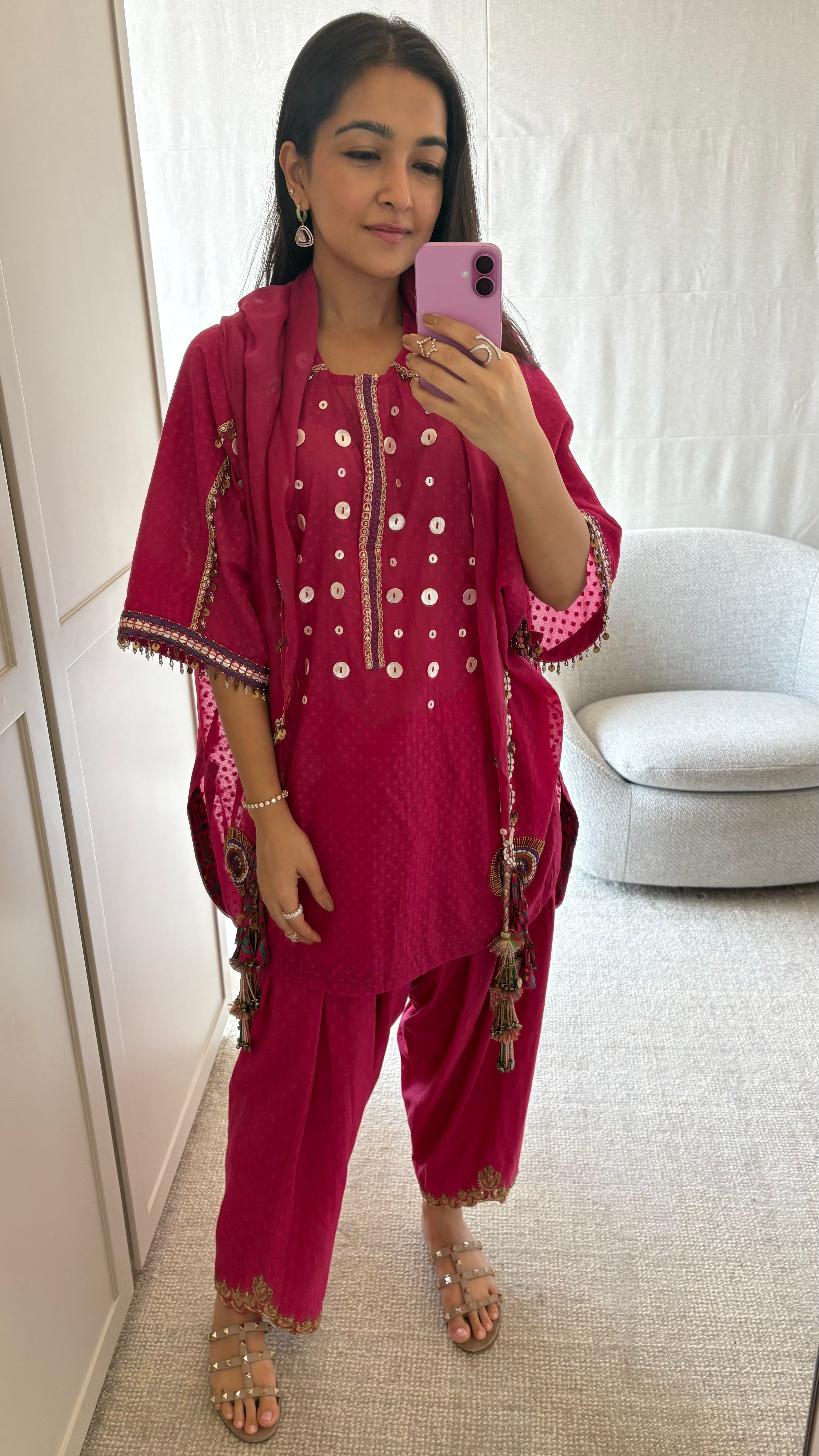 Pink Kaftan Kurta, Salwar & Scarf