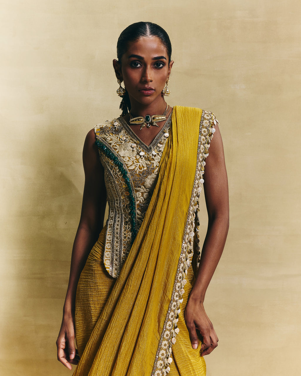 Mustard stitched saree