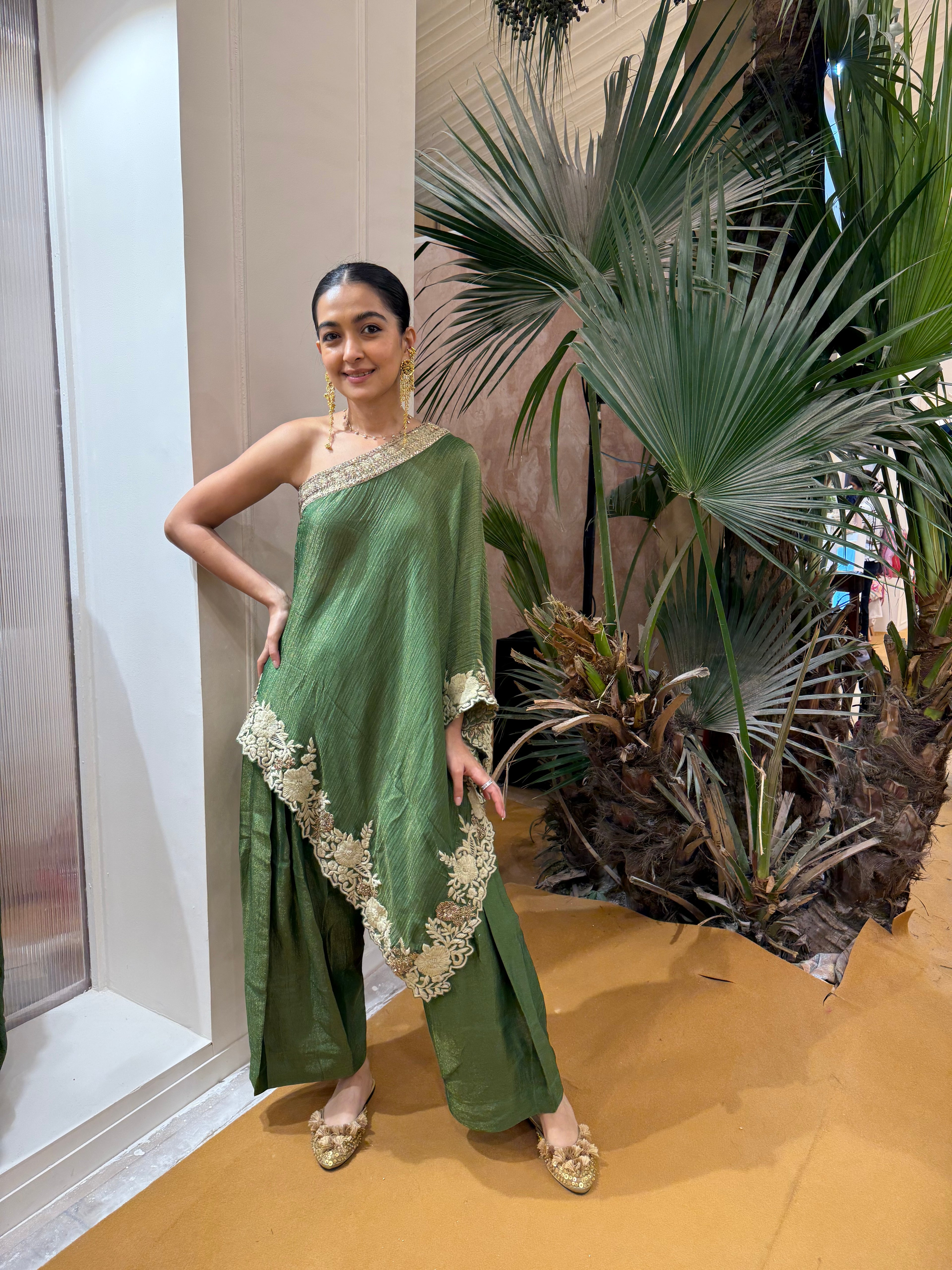 Green one shoulder top with farshi pants