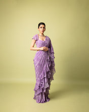 Load image into Gallery viewer, Purple (pre stitched) Printed Frill Sari + Embroidered Blouse
