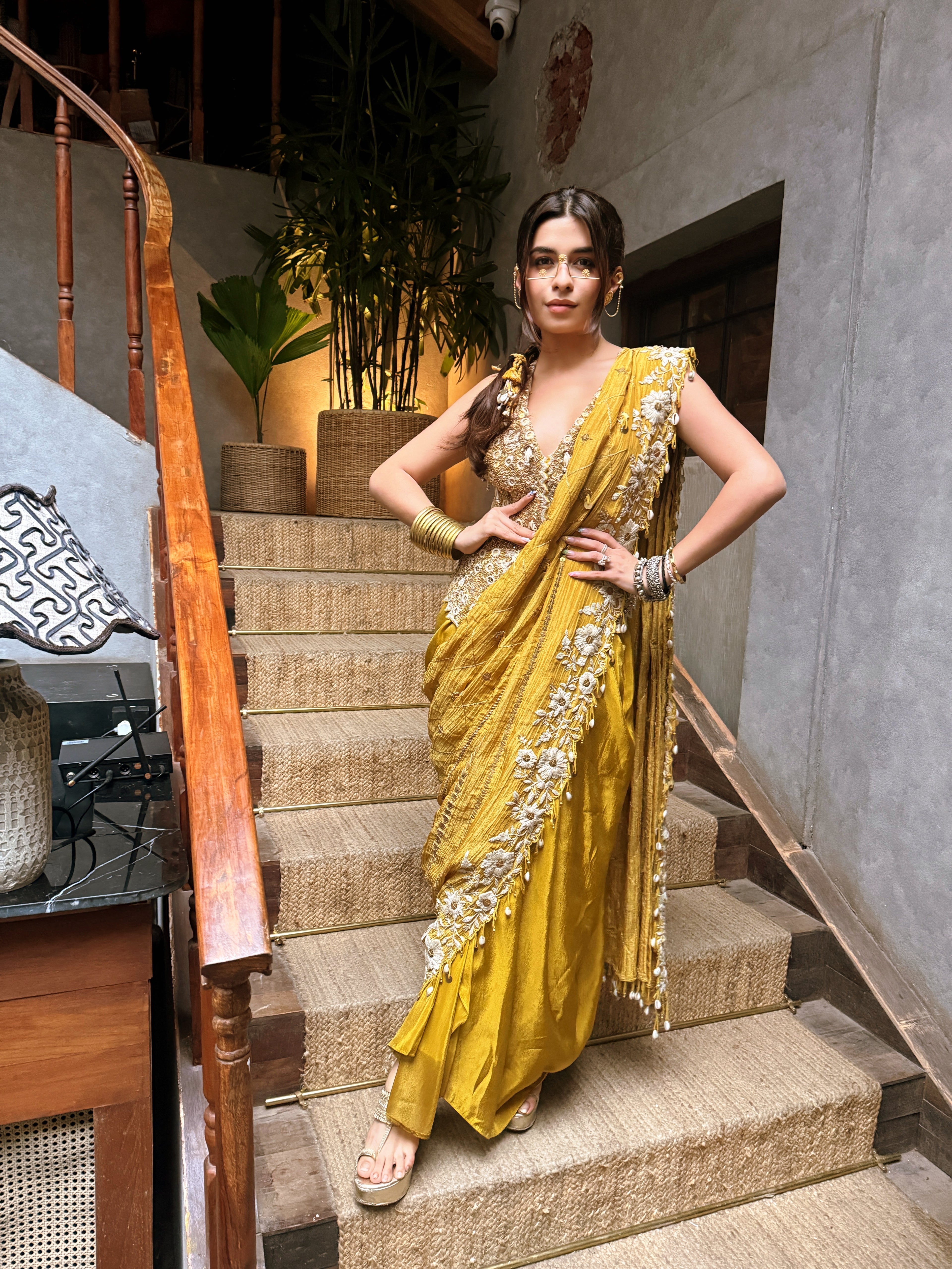 Mustard Waitcoast + Drape Skirt + Pre Stitched Dupatta