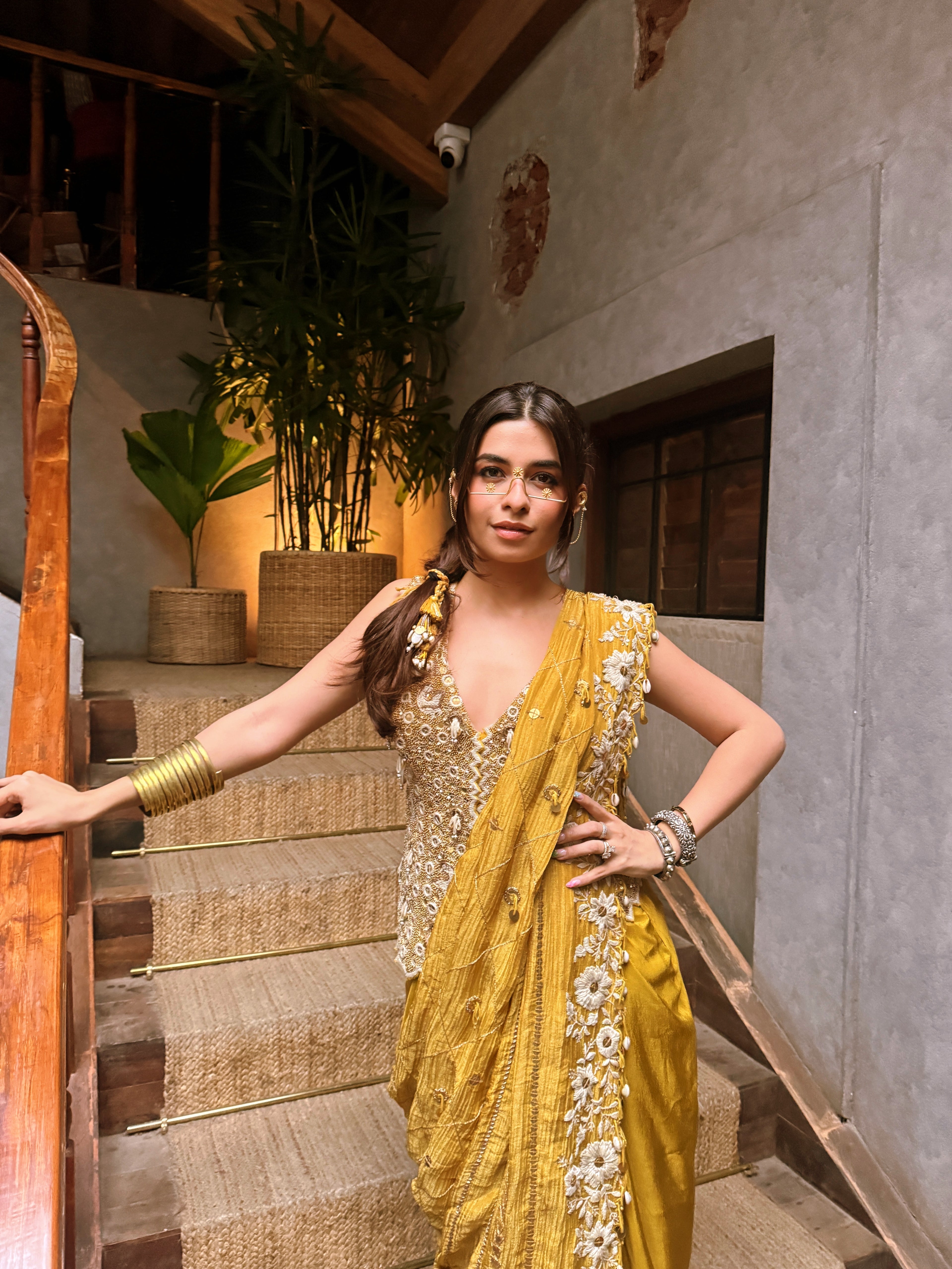Mustard Waitcoast + Drape Skirt + Pre Stitched Dupatta