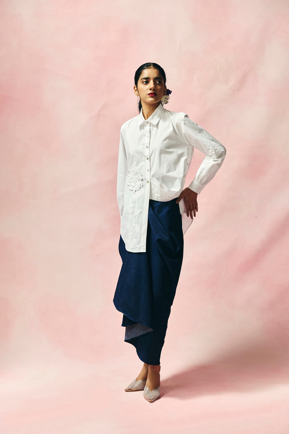 Ivory Appliqué Set With Denim Skirt