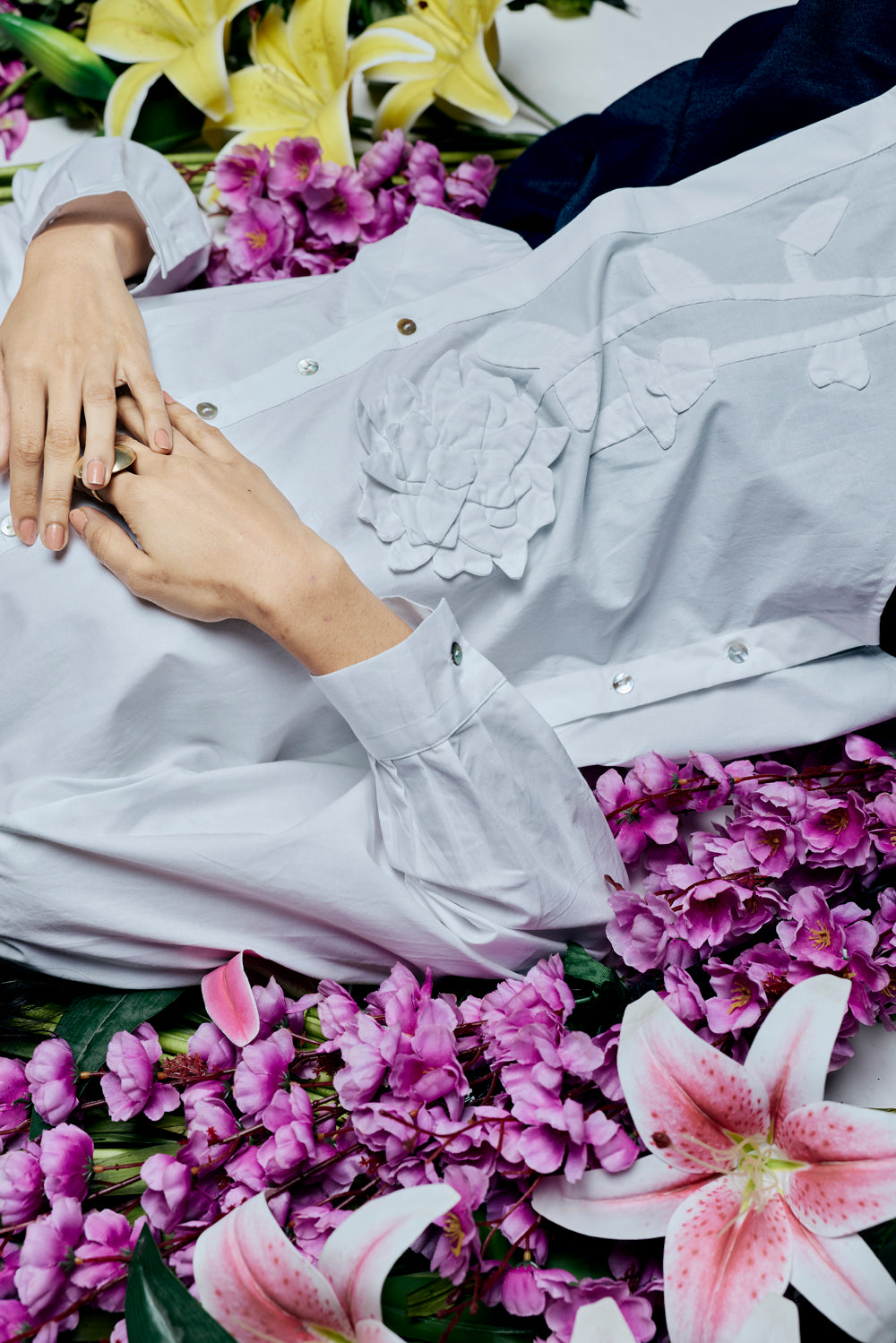 Ivory Appliqué Set With Denim Skirt