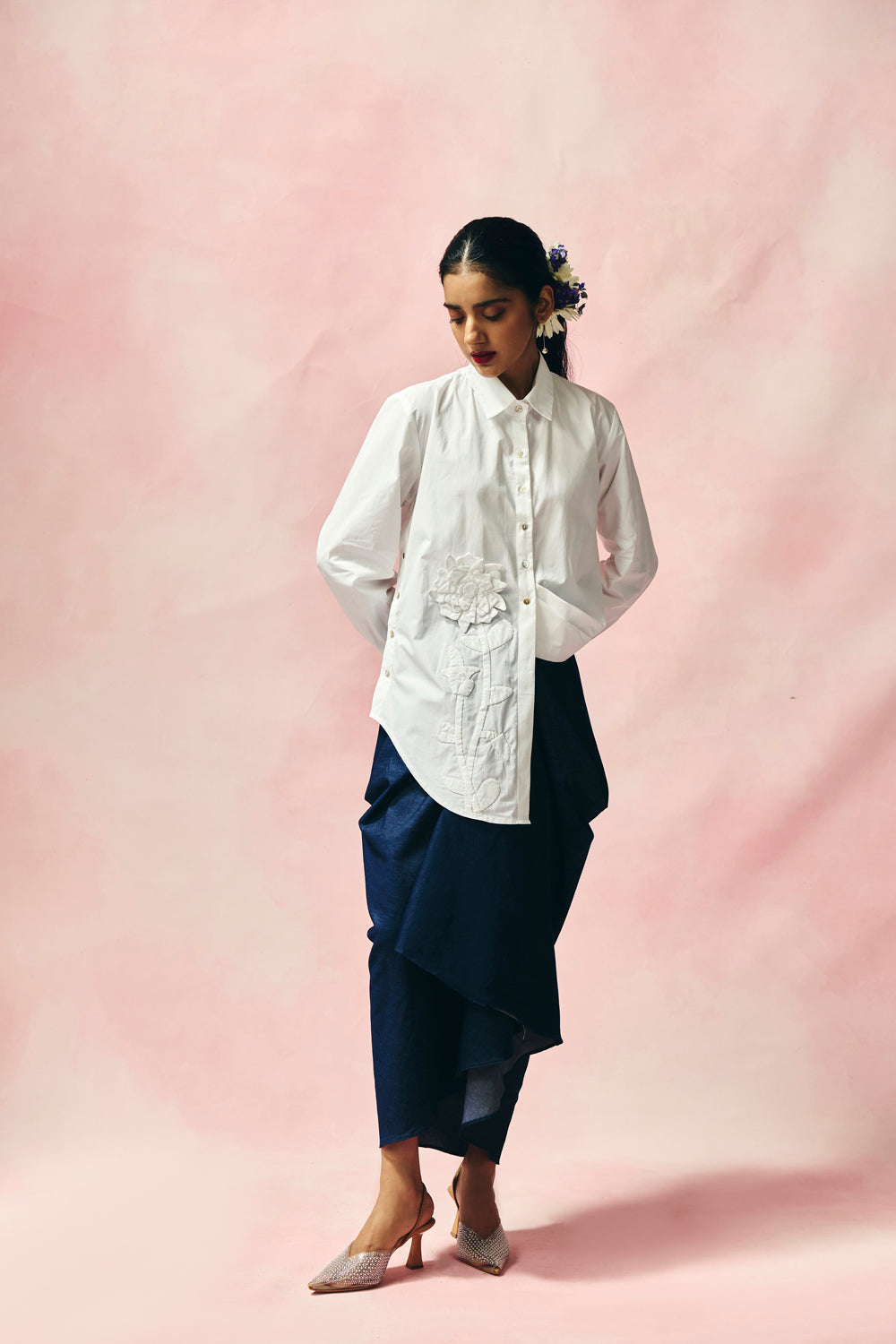 Ivory Appliqué Set With Denim Skirt
