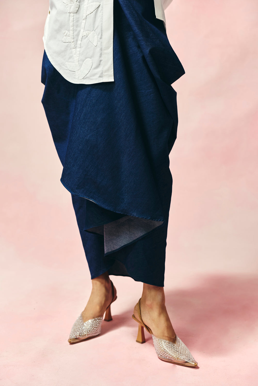 Ivory Appliqué Set With Denim Skirt