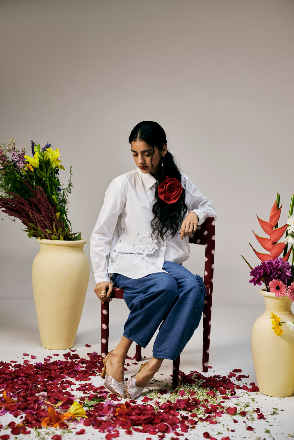 Ivory Appliqué Set With Denim Pants