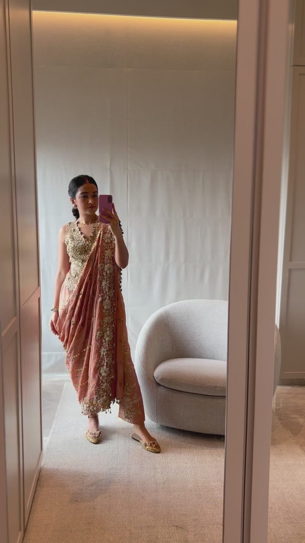 Peach waistcoat saree set