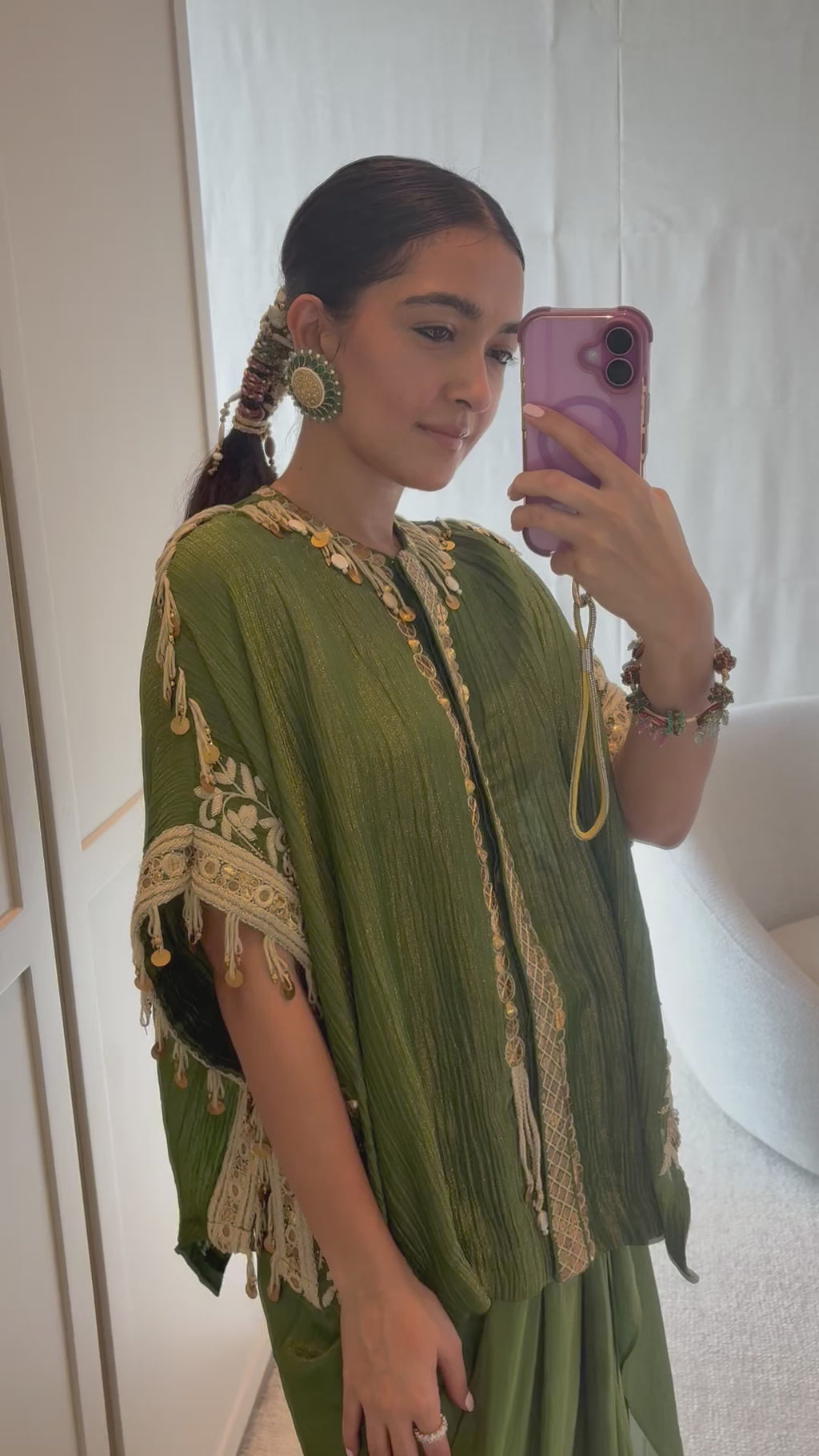 Green kaftan top & draped skirt