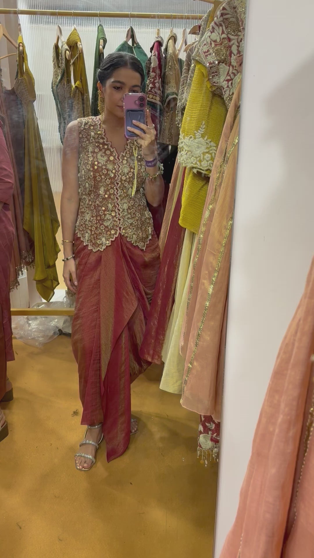 Red waistcoat & draped skirt