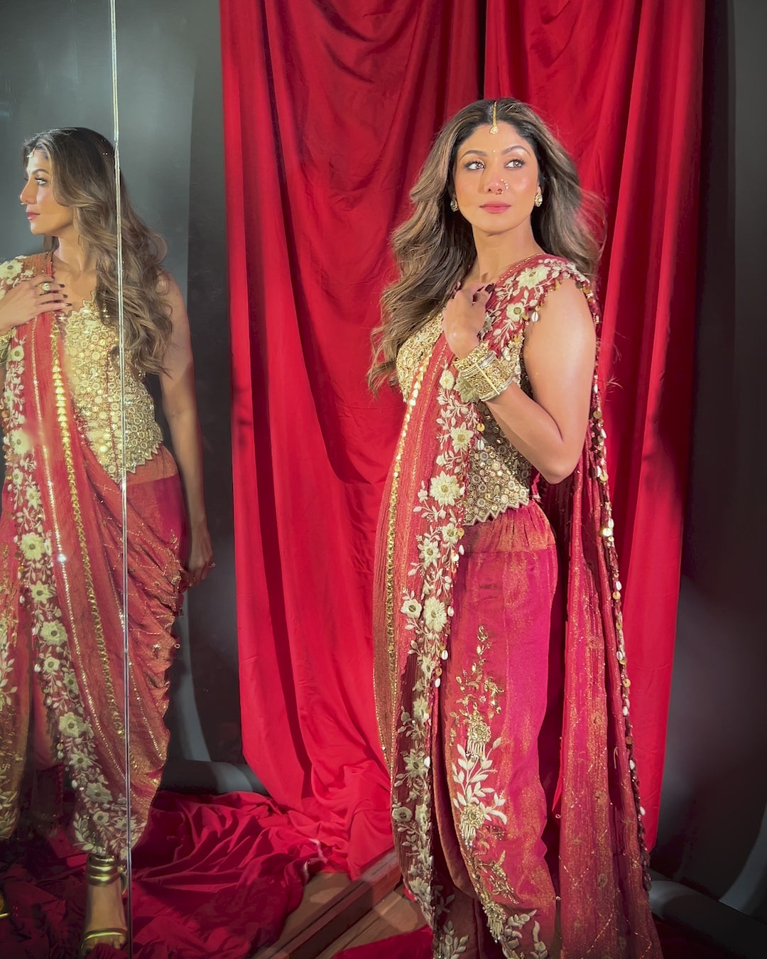 Red waistcoat saree set