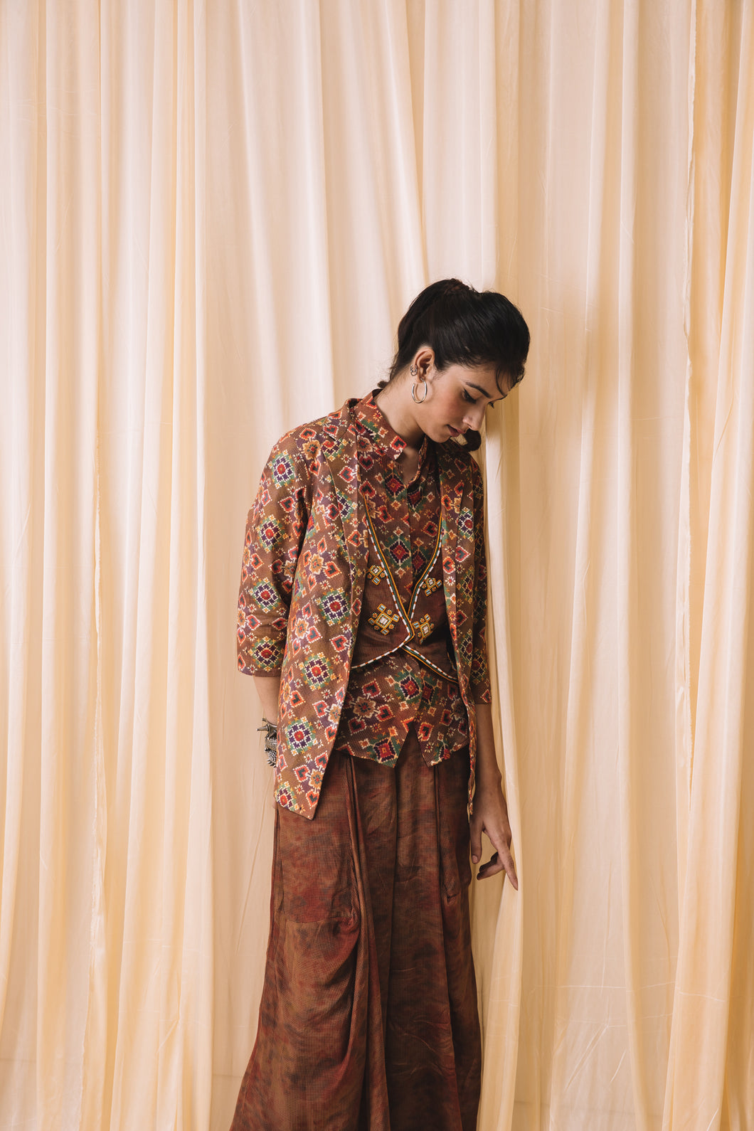 Brown - Jacket + Waistcoat Shirt + Draped Pants