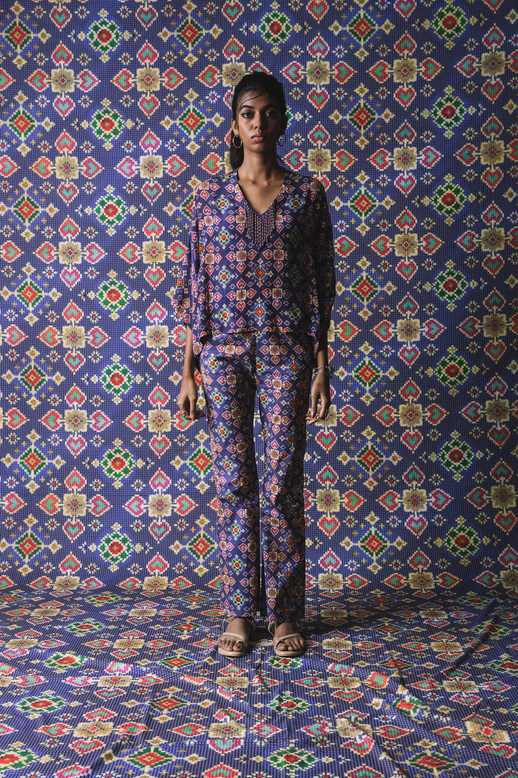 Blue - Short Kaftan Top + Flared Pants
