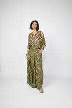 Load image into Gallery viewer, Green Bandhani Keyhole Top + Draped Pants
