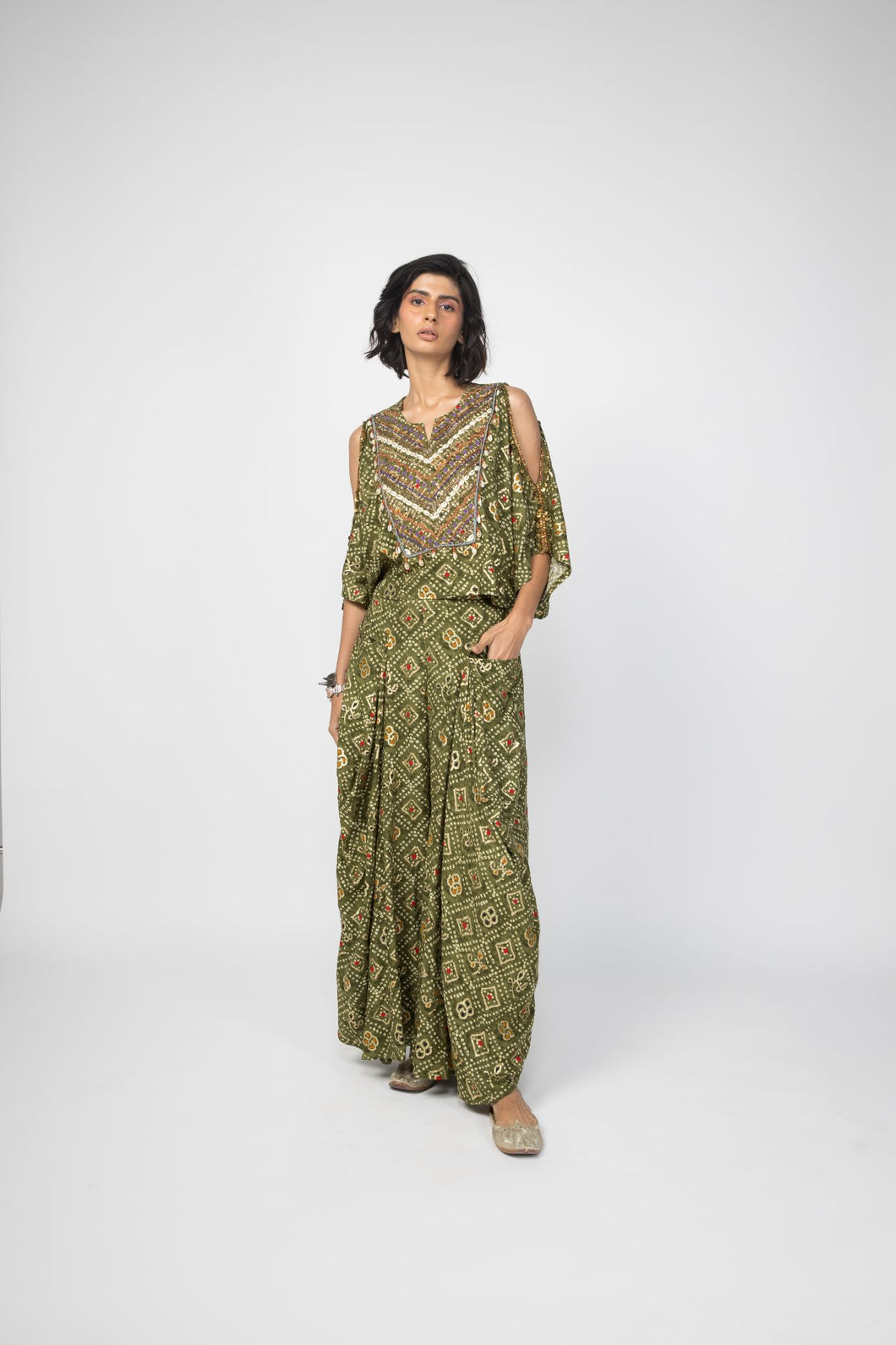 Green Bandhani Keyhole Top + Draped Pants
