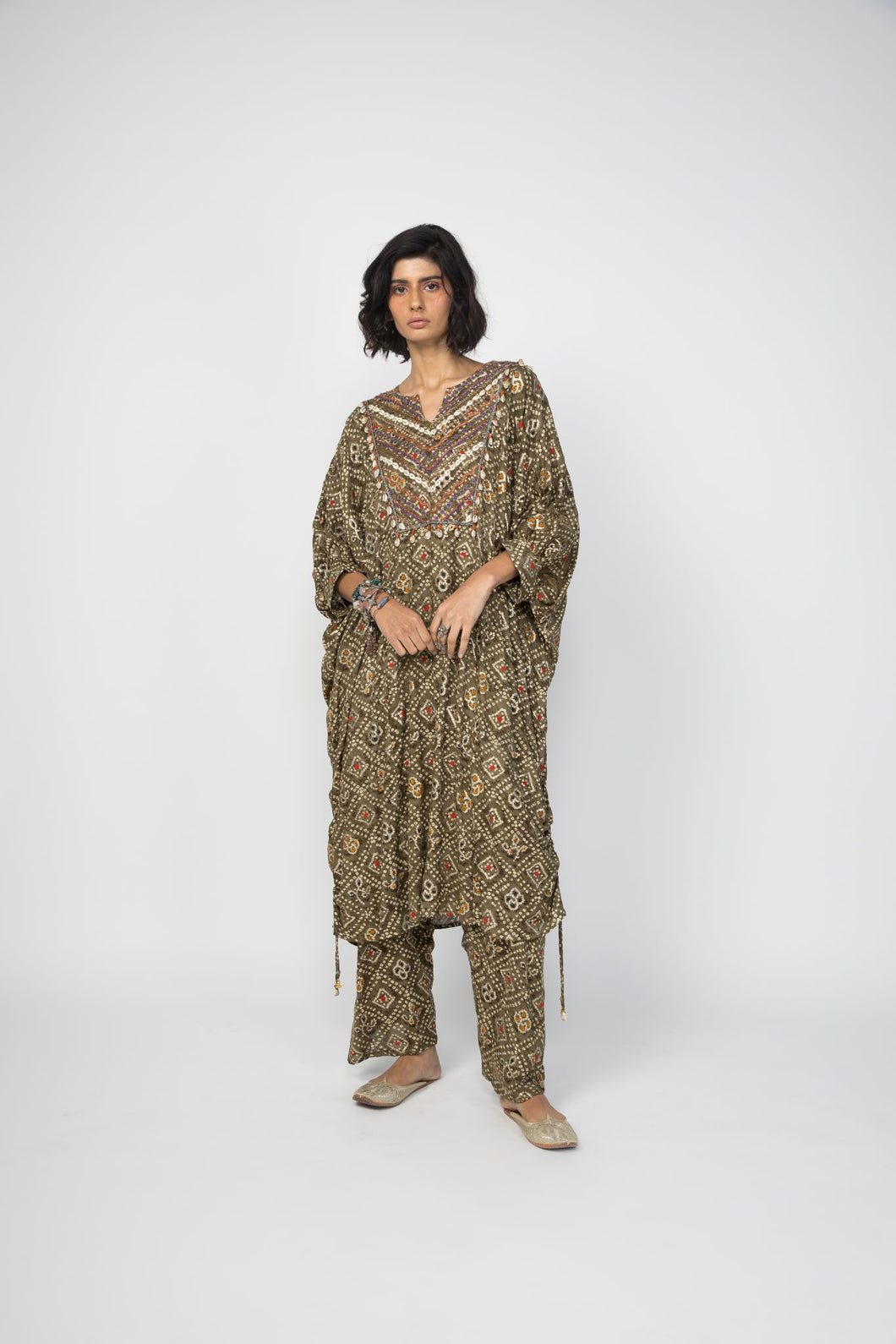 Grey Bandhani Kaftan Kurta & Pants