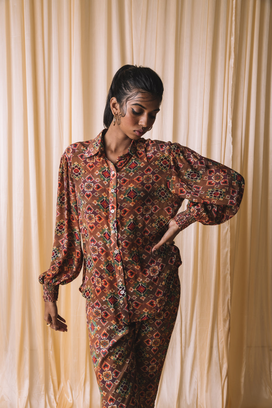 Brown - Puff Sleeve Shirt + Pants