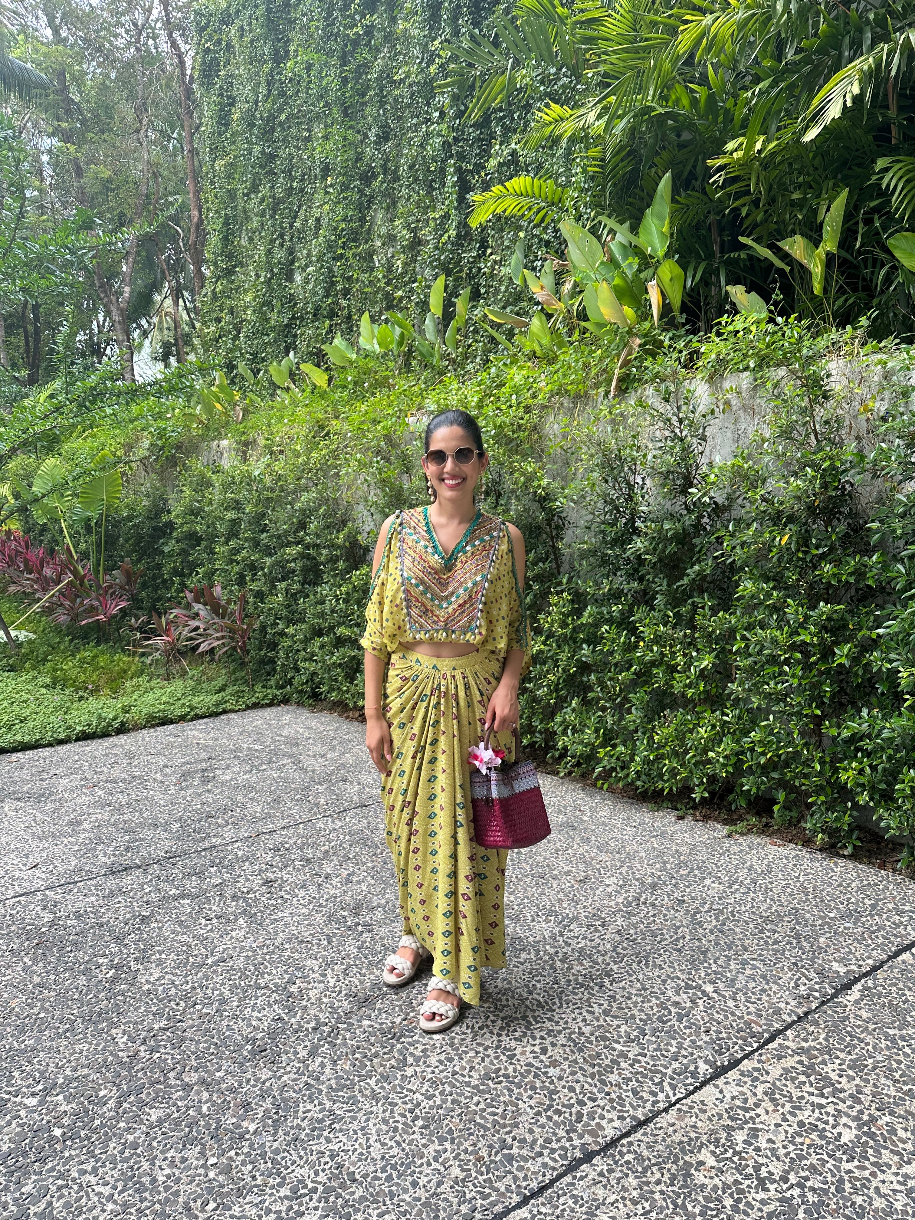 Shivani Outfit - Green cutout top & Draped Skirt