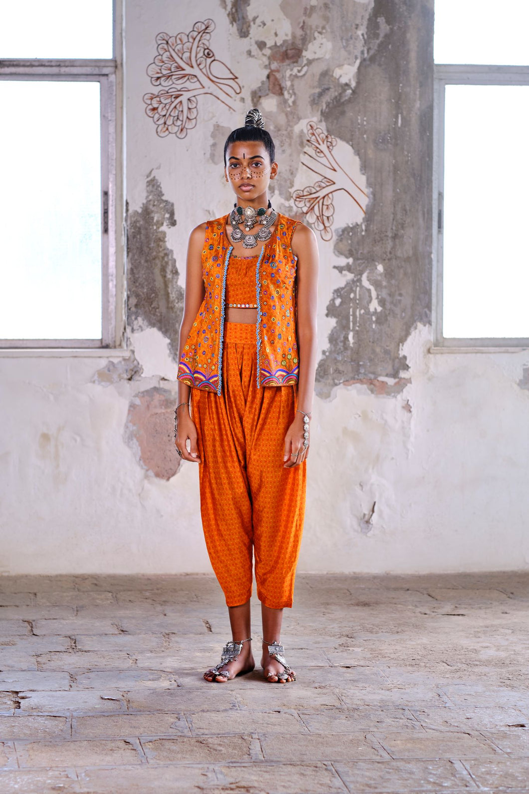 A-line jacket + bustier + cropped salwar - Rust