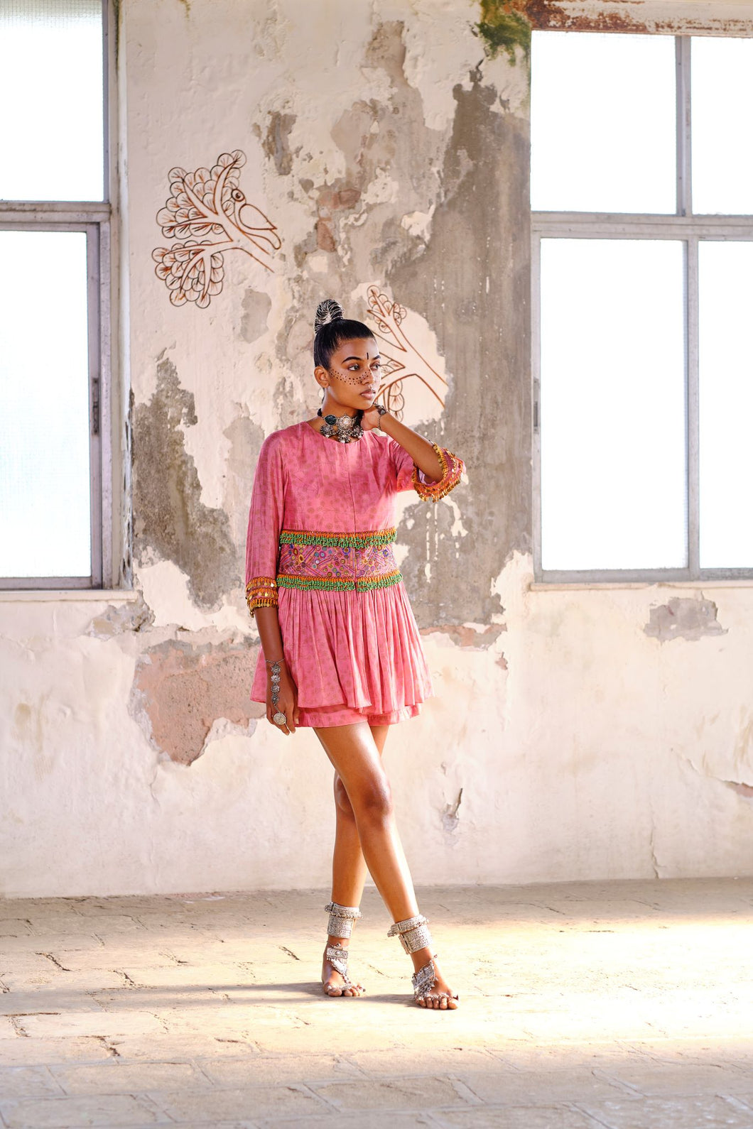 Gathered peplum top + shorts - Pink